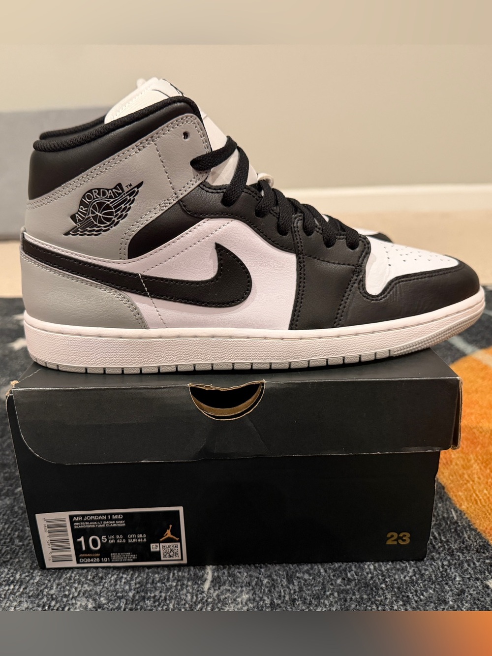 Jordan Air Jordan 1 Mid (Barons)— Black/White/Light Smoke Gray Mens 10.5